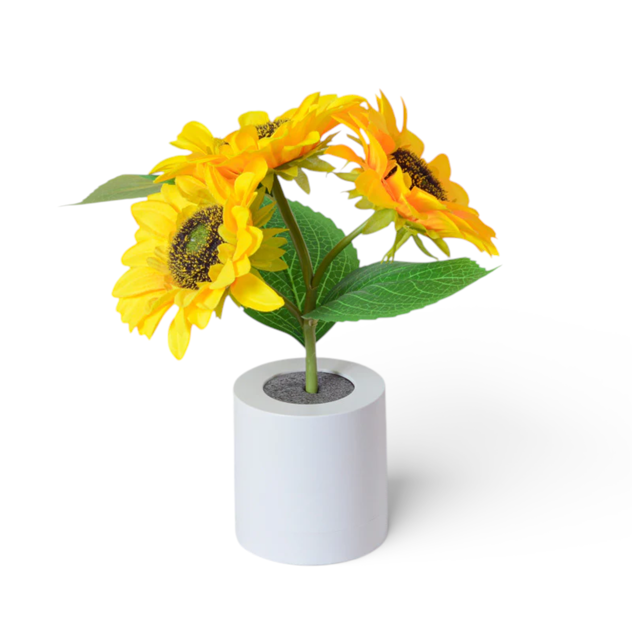 Artificial yellow sunflowers in a modern white cylindrical vase